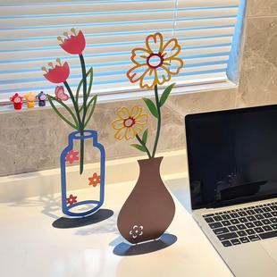 高级感仿真花卉2d花瓶艺术摆件平面彩印家用桌面客厅插花ins风装
