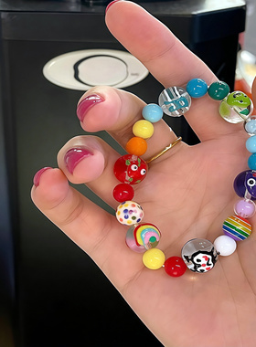 糖果色手绘糖心琉璃手链彩色珠串