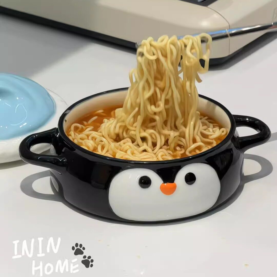 大容量企鹅泡面碗陶瓷带盖子双