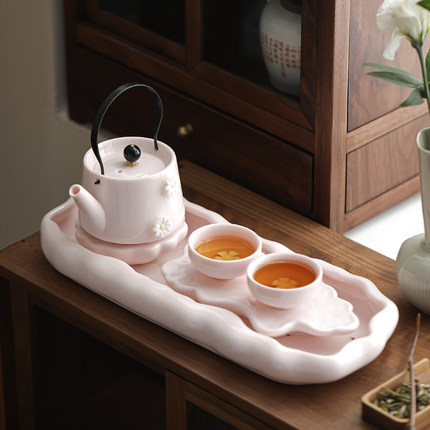 粉色捏花功夫茶具小套装日式女士小型家用泡茶壶茶杯陶瓷蓄水茶盘