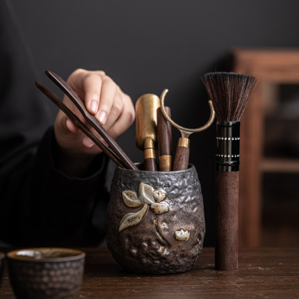 窑变鎏金茶道六君子套装黑檀实木6君子复古泡茶工具功夫茶具配件