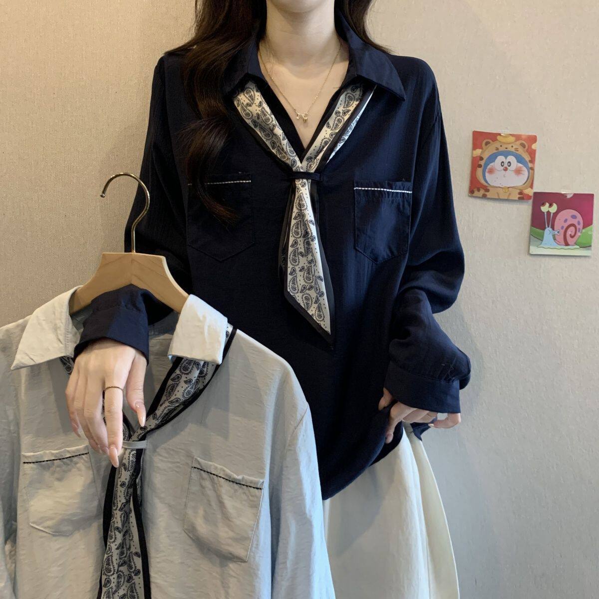 大码高级感polo领配丝巾长袖衬衫女秋季新款胖mm宽松显瘦气质上衣