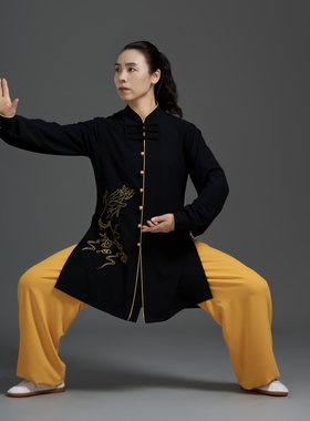 新款垂感春秋太极服表演武术练功演出气功五禽戏女飘逸高端黑黄色