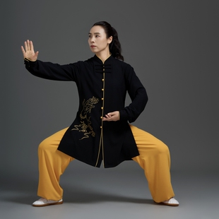 新款垂感春秋太极服表演武术练功演出气功五禽戏女飘逸高端黑黄色