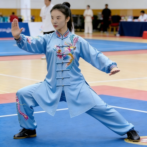 刺绣新款春秋太极服表演武术练功演出气功八段锦浅蓝比赛服钻女款