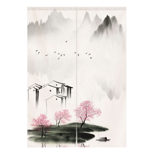 新中式山水画门帘水墨隔断帘客厅卫生间书房布艺挂帘玄关风景半帘