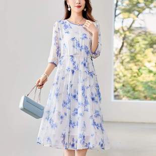 聲雨竹杭州真絲連衣裙媽媽2024新款 桑蠶絲長 水彩印花高端大牌正品