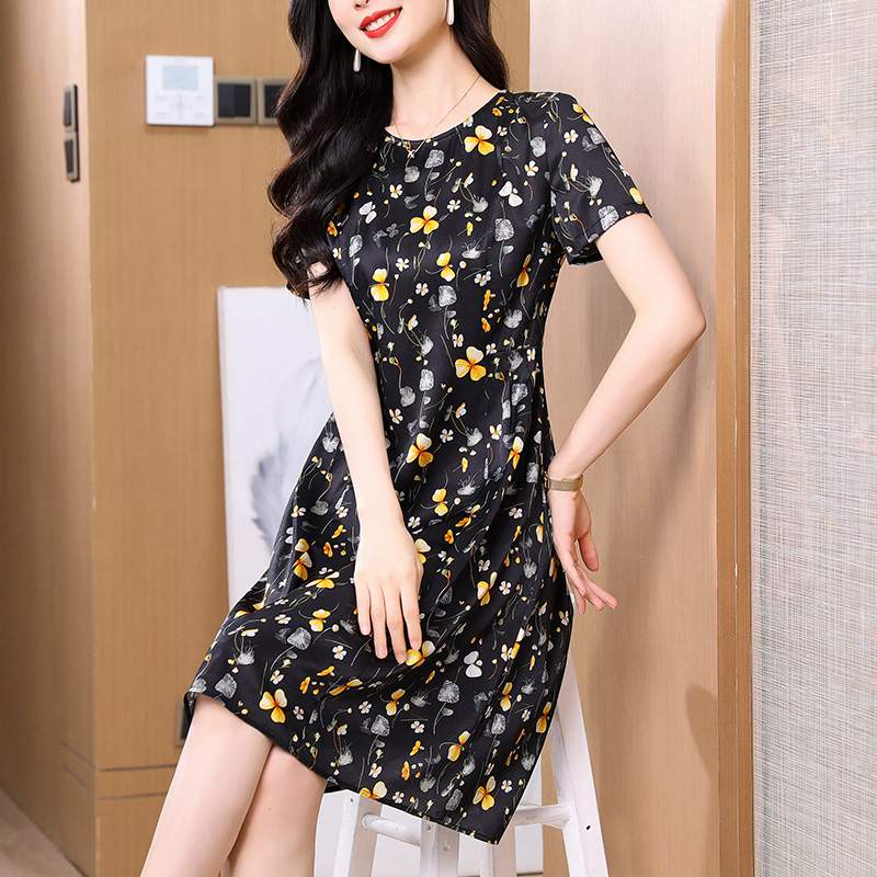 声雨竹2025新款夏季桑蚕丝连衣裙女短袖遮肚印花真丝裙子妈妈装收