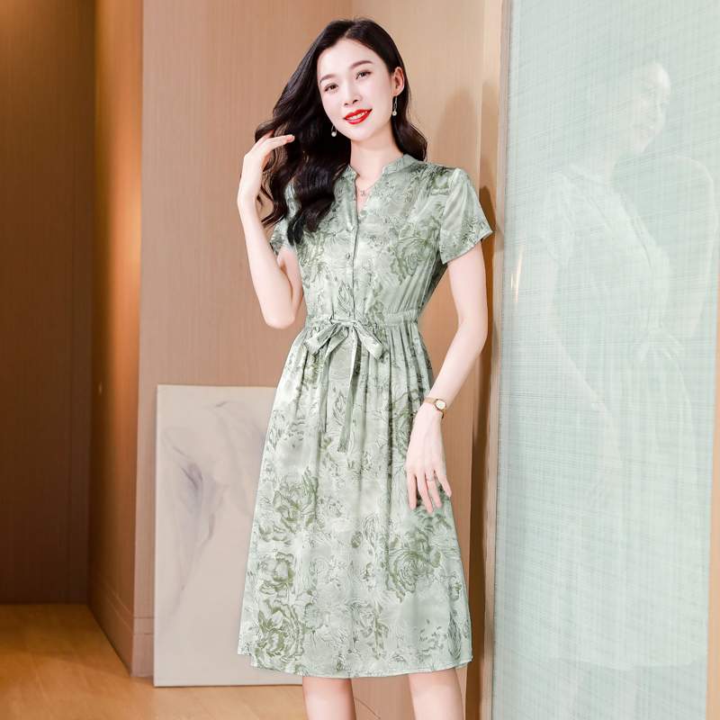 声雨竹高级感重磅真丝连衣裙精美印花收腰显瘦轻奢桑蚕丝裙子夏季