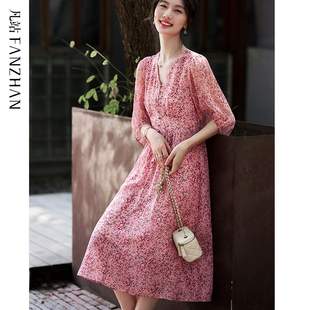 聲雨竹浪漫v領粉色碎花桑蠶絲裙女2025夏裝 氣質彈力收腰真絲 新款