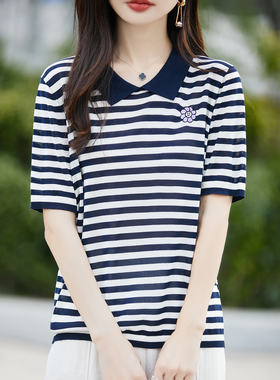 女士刺绣花朵撞色条纹100%天丝翻领短袖Polo衫凉感亲肤春夏上衣
