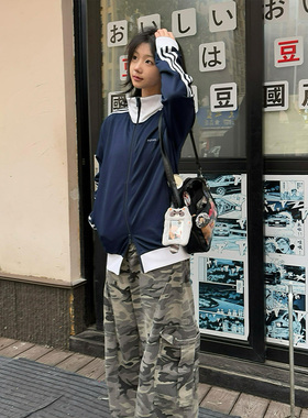 LDAB蓝色条纹外套女2025春夏季新款立领宽松休闲情侣运动美式夹克