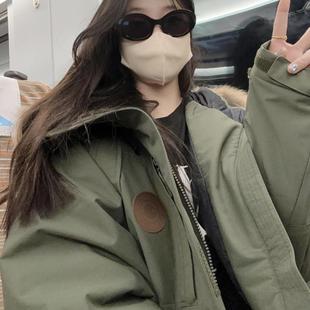 LDAB军绿色工装派克羽绒服女款2026新款冬季加厚大毛领中长款棉服