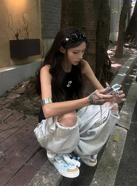 LDAB白色破洞牛仔裤女2025春夏新款美式复古设计感水洗宽松长裤