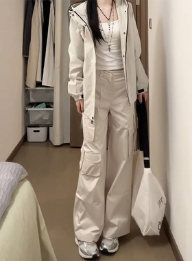 LDAB杏色工装牛仔裤女2025春夏新款多口袋直筒显瘦百搭设计感长裤