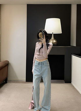 LDAB蓝色牛仔裤女2025春季新款美式复古腰头珍珠拼接设计直筒裤子