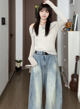 LDAB浅蓝色弯刀牛仔裤女2025春夏季新款美式树枝纹宽松休闲阔腿裤