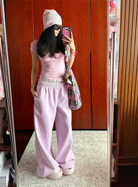 LDAB粉紫色运动卫裤女2025春夏新款小众高级感可露丽风阔腿休闲裤