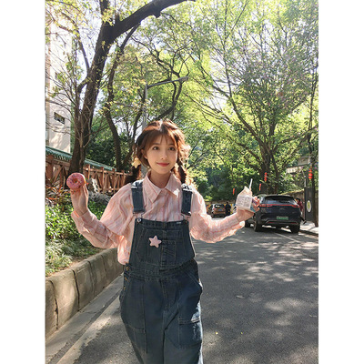 LDAB复古蓝牛仔背带裤女2025春