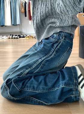 LDAB蓝色牛仔裤女2025秋季新款设计感重工水洗做旧廓形小众阔腿裤