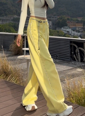 LDAB嫩黄色牛仔裤女2025春夏季新款美式钉扣小众设计感休闲直筒裤