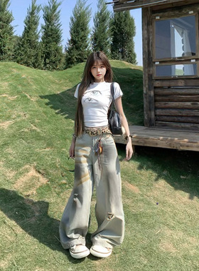 LDAB脏灰色牛仔裤女2025春夏新款高腰显瘦破洞设计感休闲阔腿裤