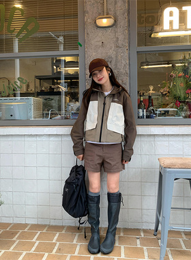 LDAB白灰棕拼接冲锋衣外套女2025春夏季新款防风情侣登山服夹克