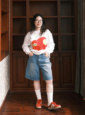 LDAB蓝色牛仔五分裤女2025夏季新款美式宽松小众设计感休闲直筒裤