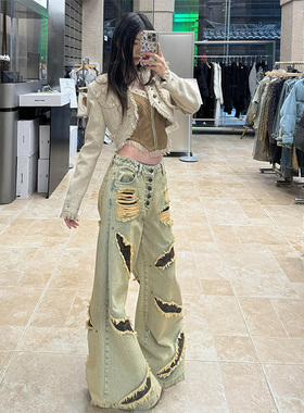 LDAB蓝色豹纹拼接牛仔裤女2025春秋季新款复古小众高级感阔腿长裤