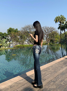 LDAB深蓝色低腰牛仔裤女2025夏季新款美式辣妹微辣显瘦设计感长裤