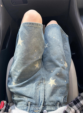 LDAB蓝色五分牛仔裤2025春夏季新款复古小众星星设计感宽松休闲裤