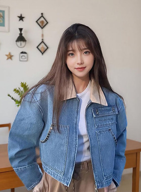 LDAB蓝色短款牛仔外套女2025春秋季新款美式复古钉扣翻领小众夹克