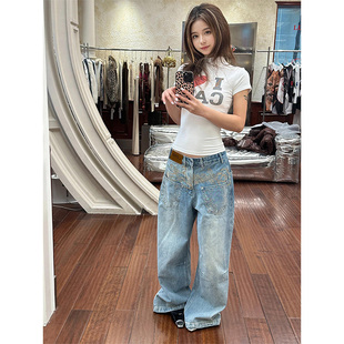 做旧水洗浅色牛仔裤女2025新款美式复古小众倒装错位低腰阔腿裤