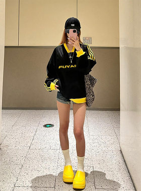 LDAB黄色拼接卫衣女2025春夏季新款美式复古小众情侣宽松休闲上衣