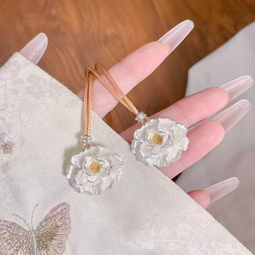 足银999.9花开富贵纯银吊坠项链女新中式国风牡丹花毛衣炼心意礼