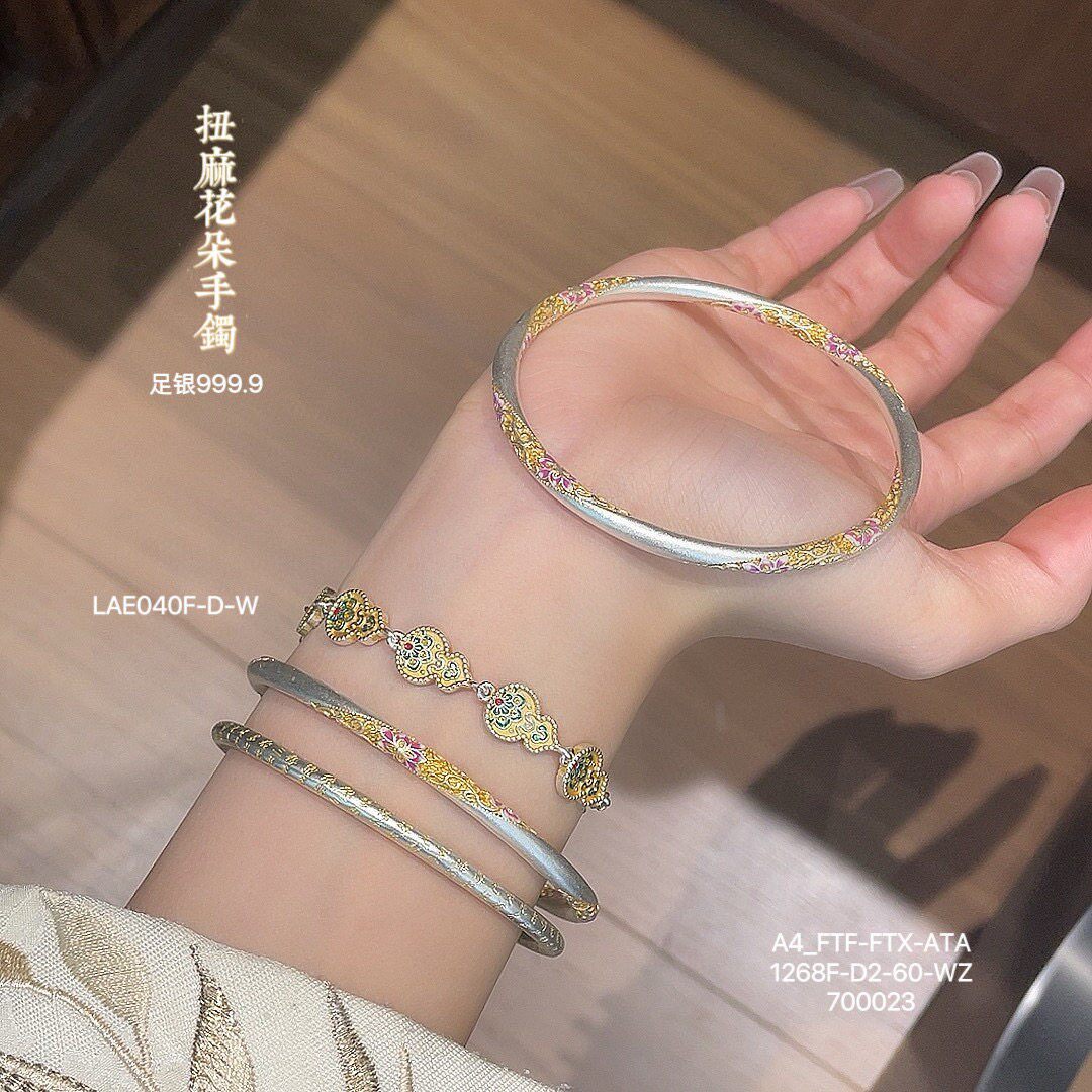 足银9999扭纹花朵手镯女