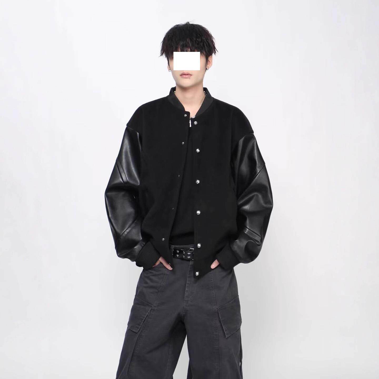 龙凤尼拼皮棒球服男简约原宿潮流百搭新款日系流行慵懒皮衣