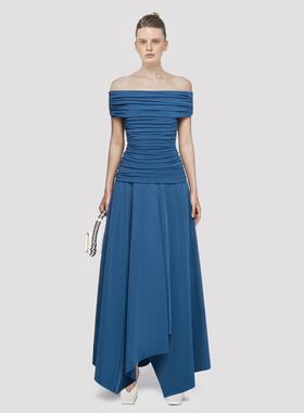 现货越南小众设计师一字肩不规则下摆长裙新款修身连衣裙40384