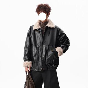 夹棉加厚痞帅情侣羊羔毛拼接皮棉服 新款 美式 复古翻领皮衣外套男款