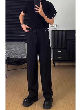 黑色马吉拉直筒西裤垂坠感高级感痞帅弯刀裤子男款修身微喇西装裤