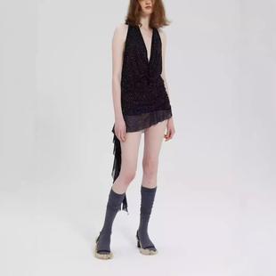 买手店单依纯同款水钻短款露背上衣纯欲风法式小众无袖挂脖连衣裙