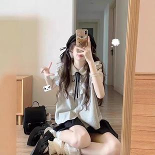 女甜美襯衣荷葉邊泡泡袖 上衣裙子兩件套 襯衫 學(xué)院風(fēng)灰色條紋短袖