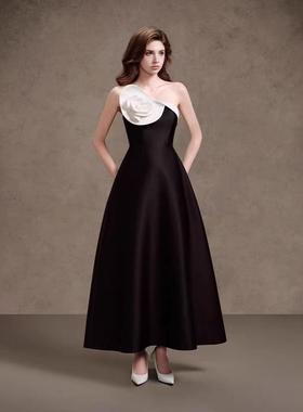 现货越南小众设计撞色花朵吊带礼服长裙气质显瘦缎面连衣裙50277