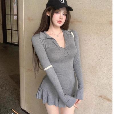 辣妹纯欲性感套装女秋季2025新款V领显瘦长袖T恤百褶裙裤两件套潮