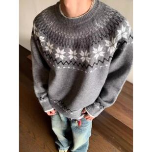 灰色费尔岛提花毛衣男秋冬美式慵懒松弛感毛线衣l针织毛衫