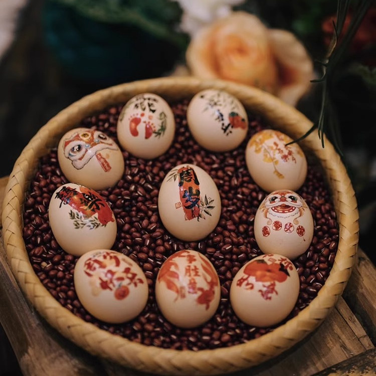 喜蛋鸡蛋纹身贴纸宝宝周岁满月百日新中式喜字贴纸生日宴会抓周礼