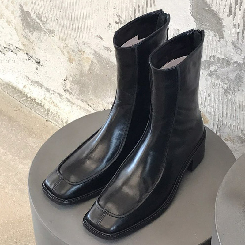 BLACK BLOCK HEEL SQUARE TOE SKINNY MARTIN BOOTS WOMENS SHOES 2023 NEW AUTUMN AND WINTER VELVET BROWN SKINNY LITTLE BOOTS