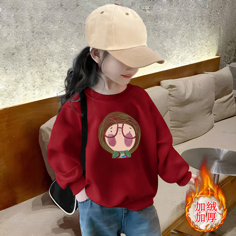 拜年服女童卫衣加绒红色秋冬装冬季加厚儿童韩版宽松新年过年喜庆