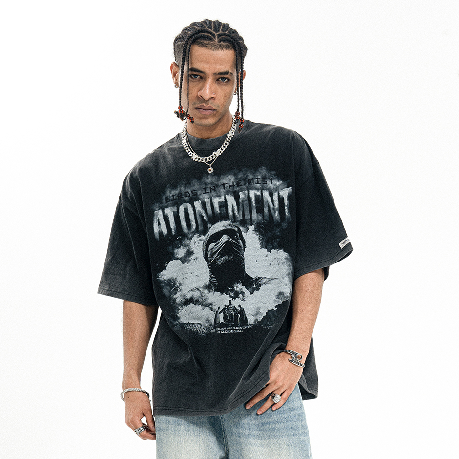 嘻哈朝牌300克重磅纯棉短袖T恤男女水洗复古做旧反炒黑色半袖上衣