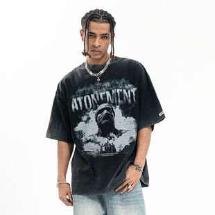 嘻哈朝牌300克重磅纯棉短袖 上衣 T恤男女水洗复古做旧反炒黑色半袖